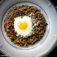 Lentils, kale and beet greens, onions, with baked rosemary egg